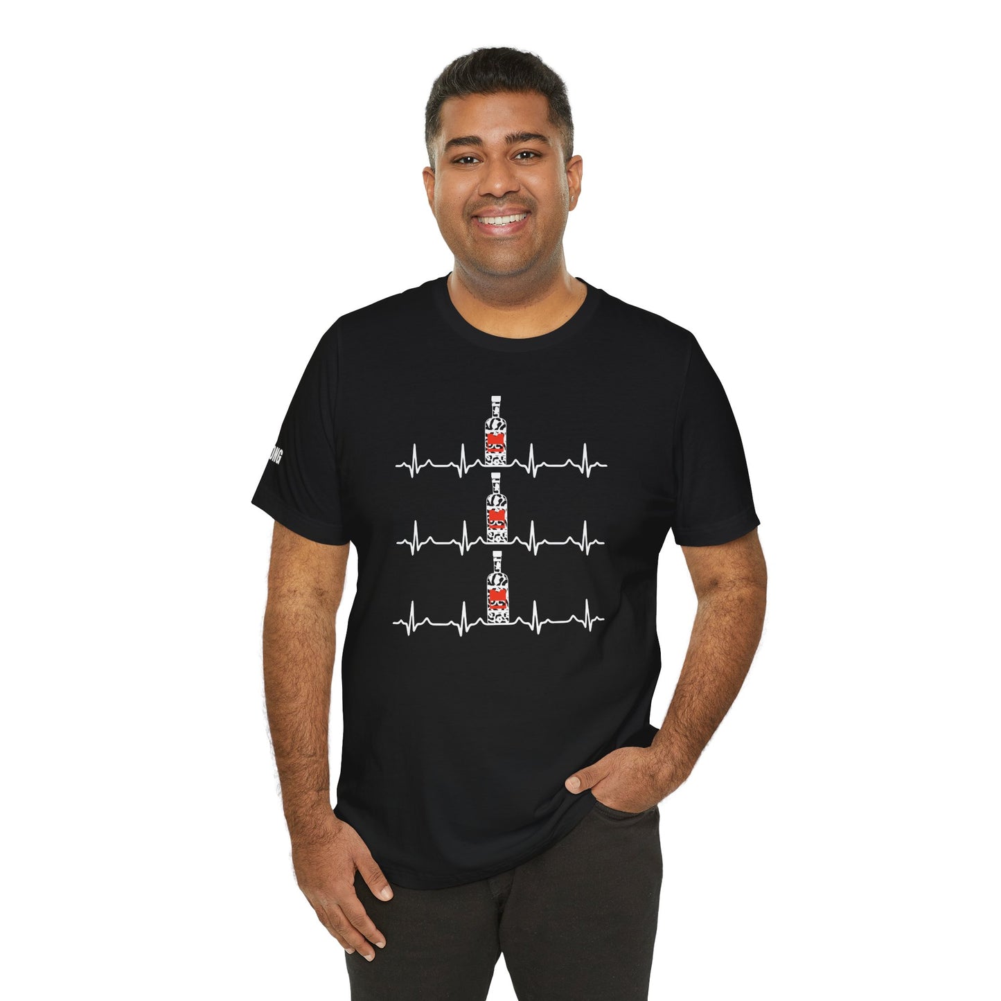 A fun, bold vodka heartbeat t-shirt with a leopard-print bottle design—ideal for parties, happy hours, and bottomless brunch enthusiasts.