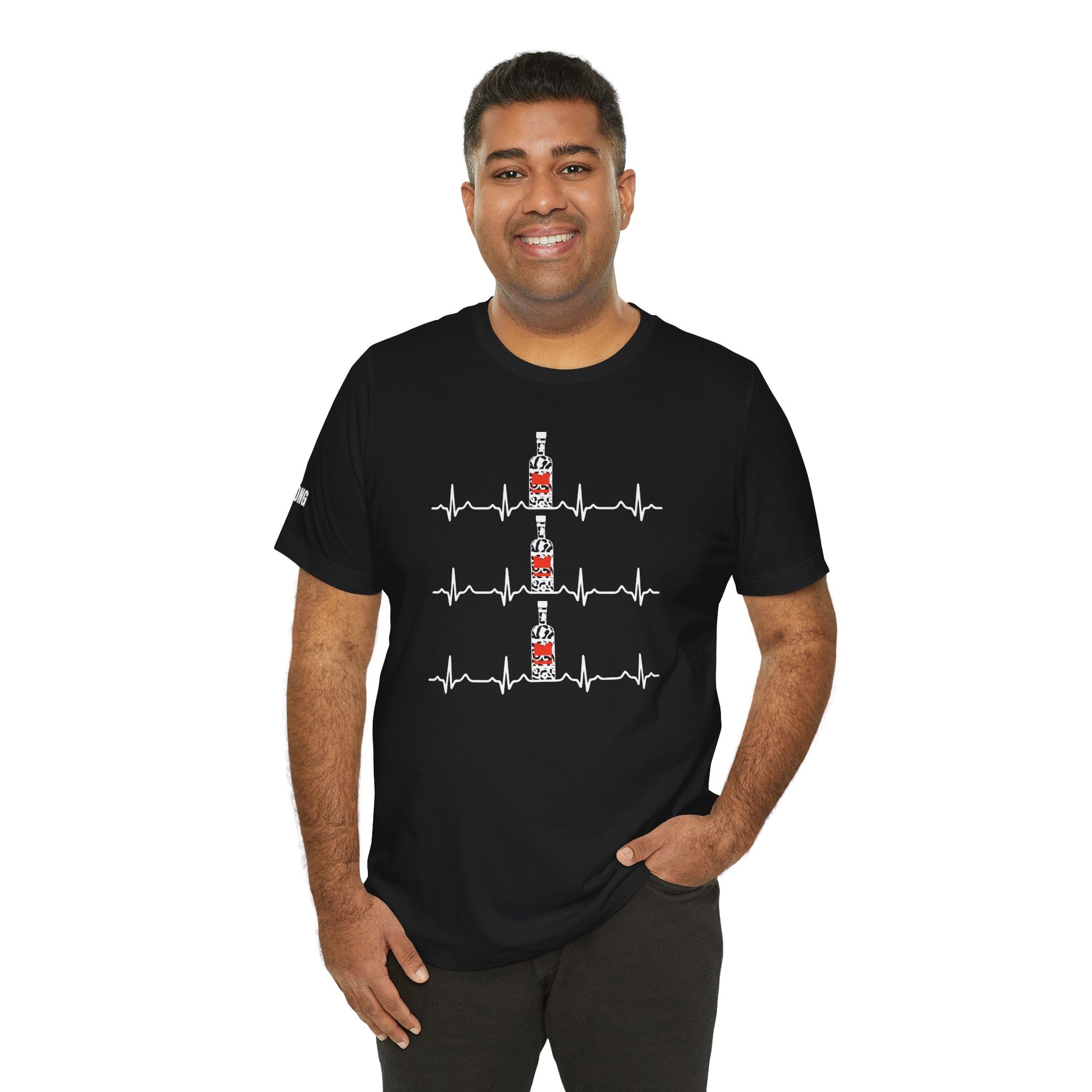 A fun, bold vodka heartbeat t-shirt with a leopard-print bottle design—ideal for parties, happy hours, and bottomless brunch enthusiasts.