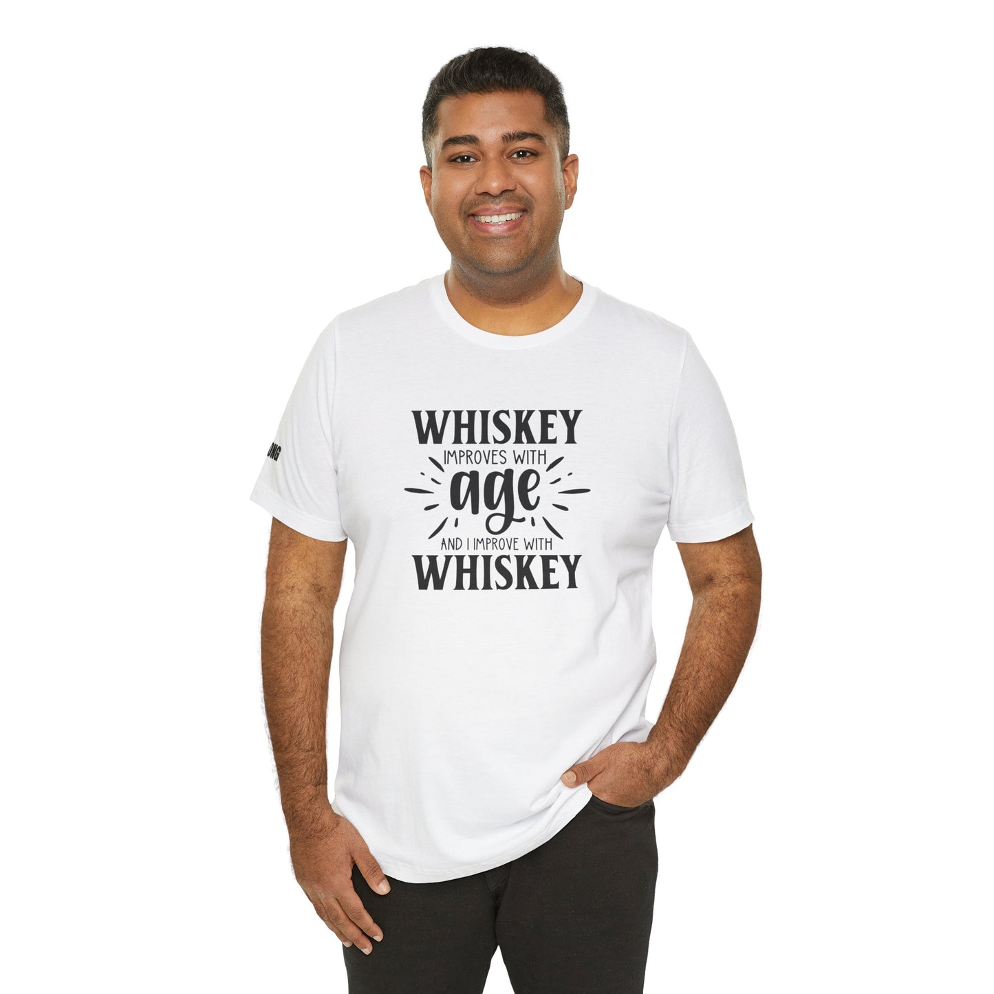 A model wearing the "Whiskey Improves with Age, and I Improve with Whiskey" design, available in multiple colors and plus sizes.