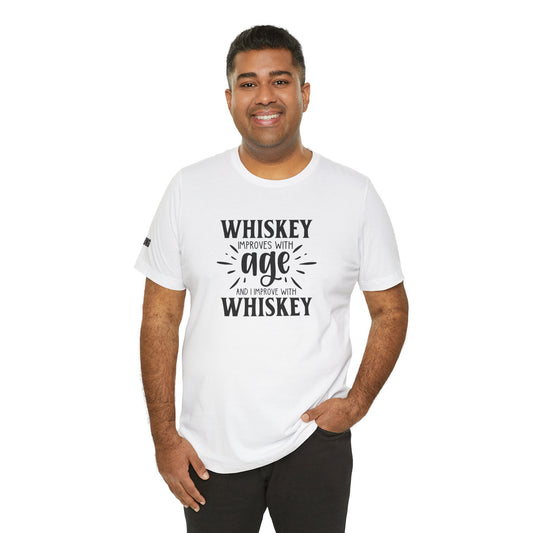 A model wearing the "Whiskey Improves with Age, and I Improve with Whiskey" design, available in multiple colors and plus sizes.