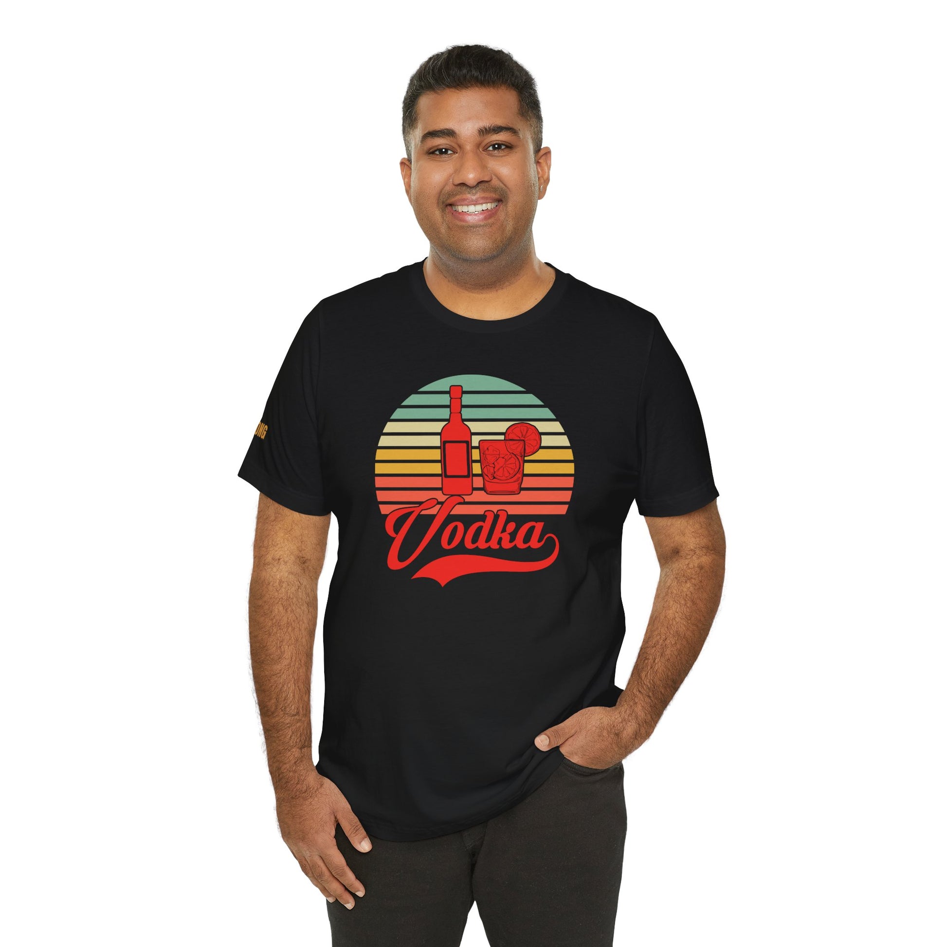 A model wearing the Retro Vodka Sunset tee, featuring a vintage-style sunset, a vodka bottle, and a refreshing cocktail on ice.