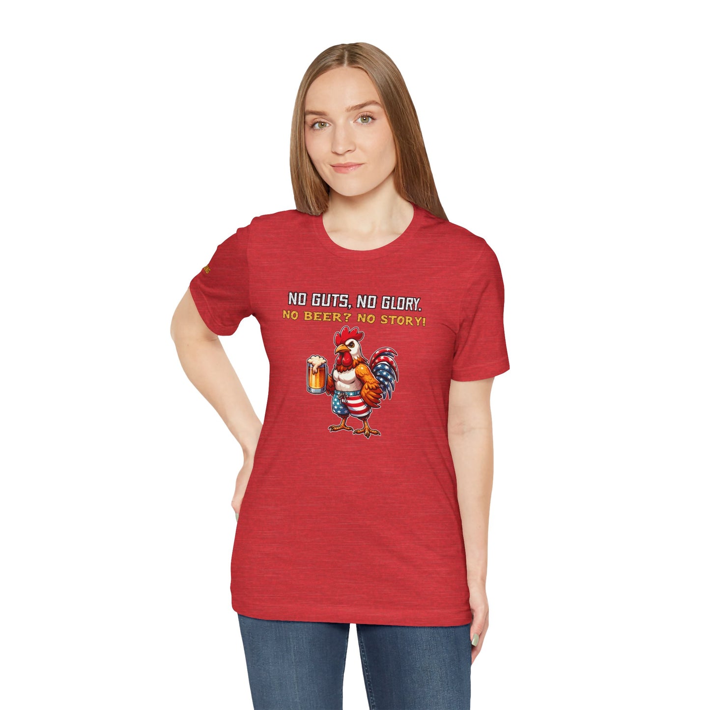 Rock this bold patriotic rooster t-shirt featuring the funny alcohol quote "No Guts, No Glory. No Beer? No Story!" Perfect for beer lovers, BBQ warriors, and true Americans. Get yours today! Available in red.