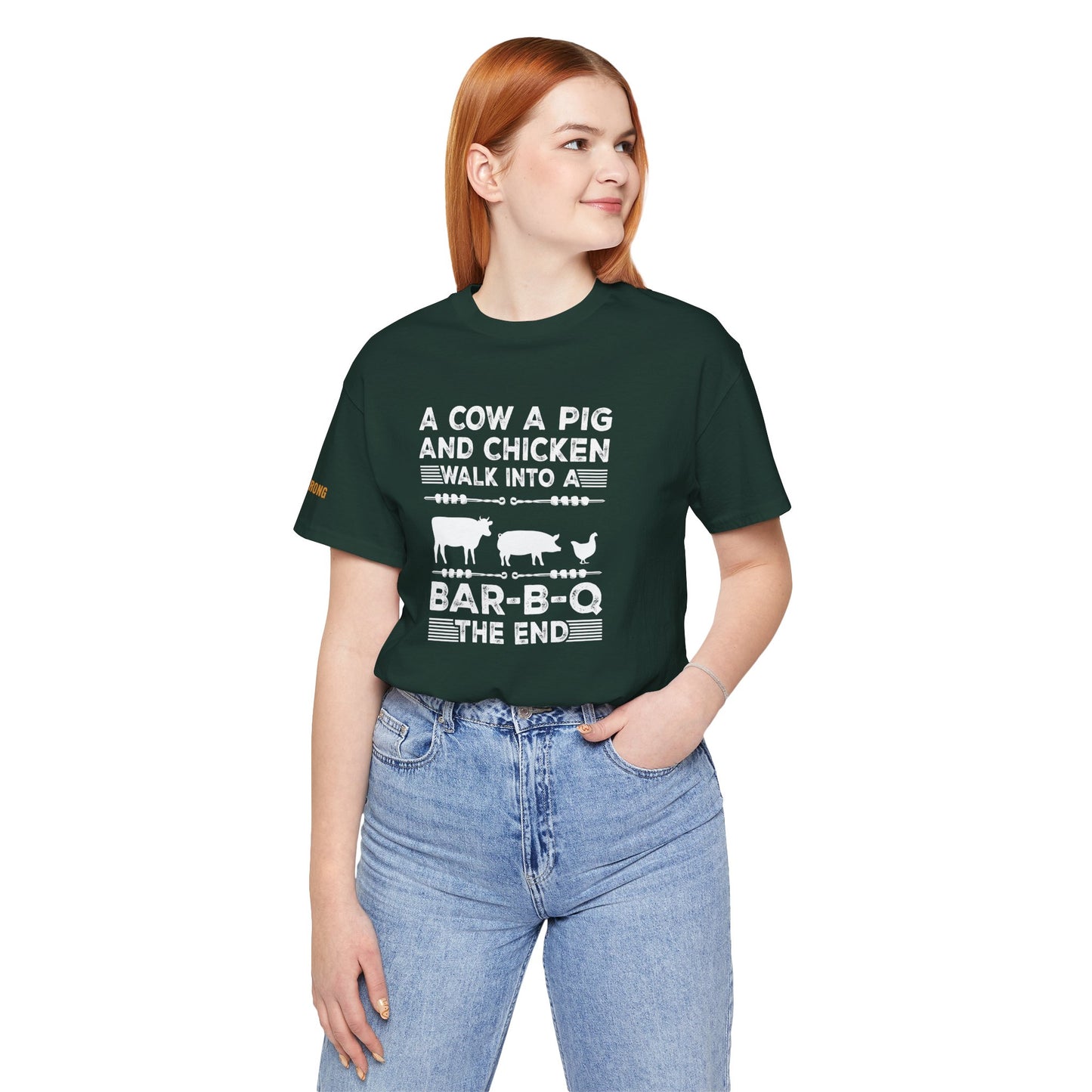 Funny BBQ t-shirt with cow, pig, and chicken design, featuring “A Cow, A Pig, and A Chicken Walk Into a BBQ – The End” text.