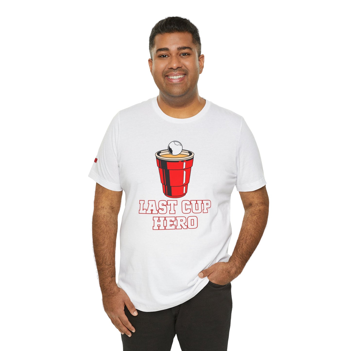Funny Last Cup Hero beer pong t-shirt featuring a red solo cup with a pong ball, perfect for drinking game champions, BBQ parties, and beer lovers.