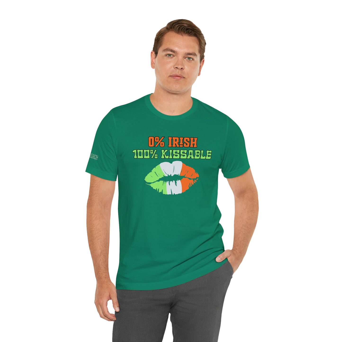 Funny St. Patrick’s Day t-shirt with a bold lip print in the Irish flag colors and the phrase “0% Irish, 100% Kissable” in bold, playful font. A perfect flirty tee for St. Paddy’s Day parties and bar crawls.