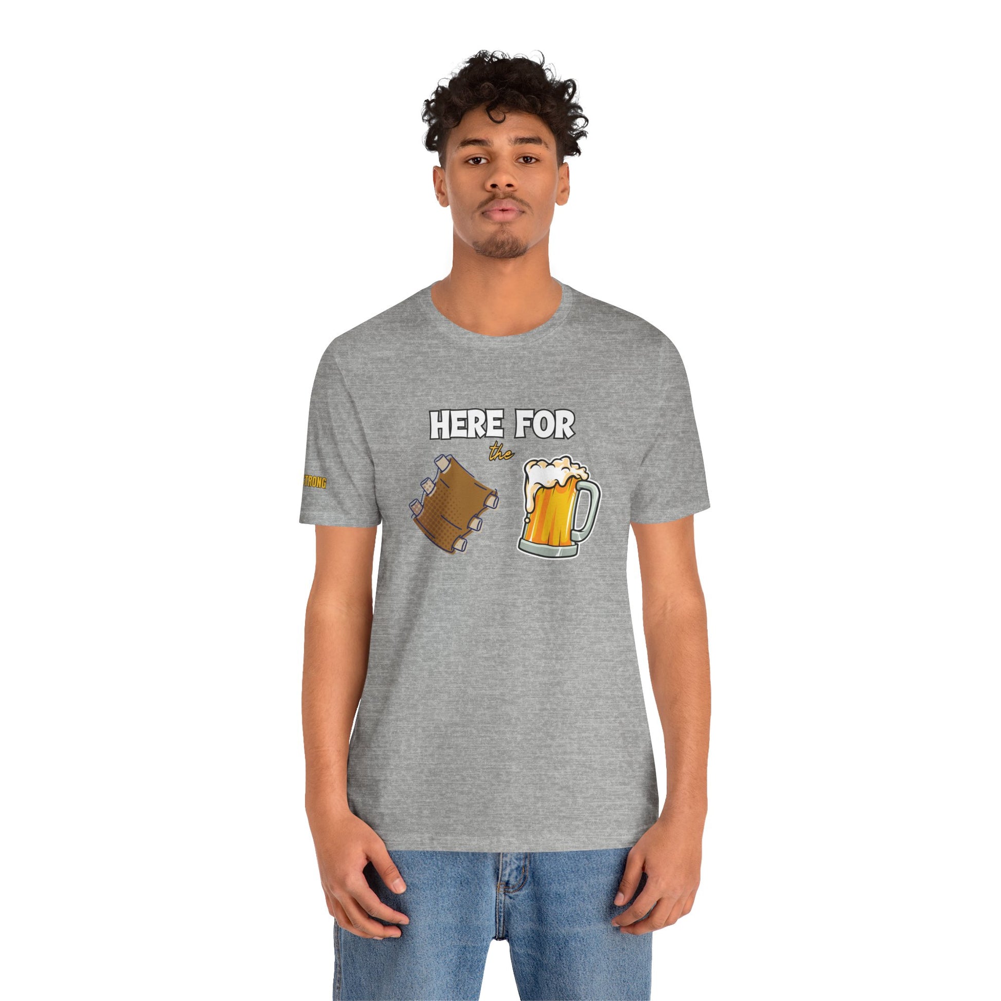 A fun BBQ t-shirt design featuring the phrase "Here for the Ribs & Beer" with cartoon-style ribs and a frothy beer mug—perfect for grill masters, beer lovers, and summer cookouts.