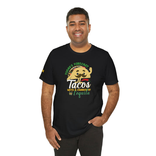 Model wearing a humorous taco and tequila-themed t-shirt, available in multiple colors and plus sizes.