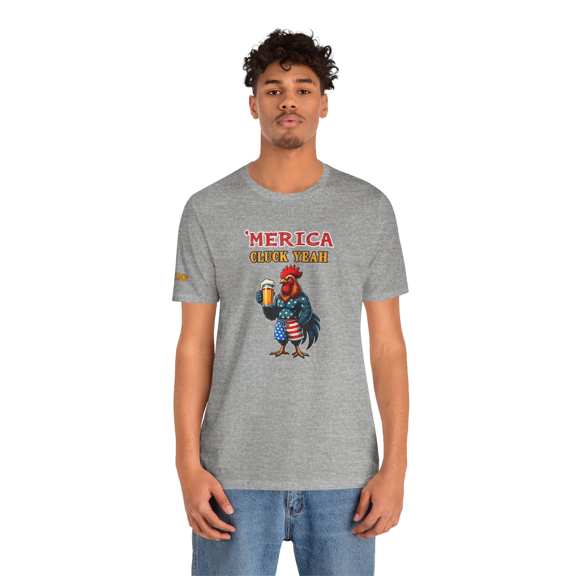 Patriotic rooster holding a beer, wearing American flag shorts, with funny alcohol quote “’Merica – Cluck Yeah!” on a black background. In grey.