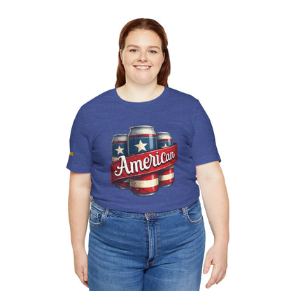 Patriotic beer t-shirt featuring a vintage-style illustration of American flag beer cans with a bold "American" banner. Available in plus sizes.