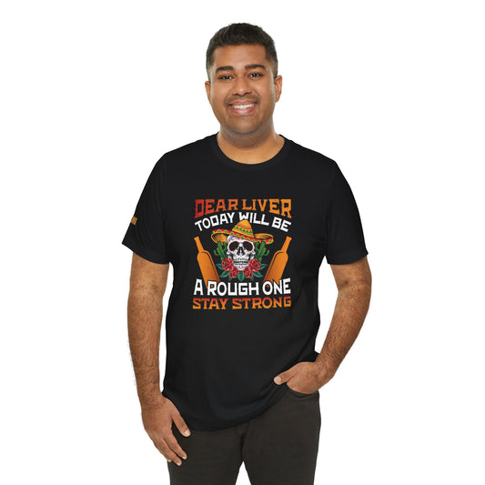 Cinco de Mayo drinking tee featuring a bold sugar skull, tequila bottles, and fiesta-style text. Available in multiple colors and plus sizes.