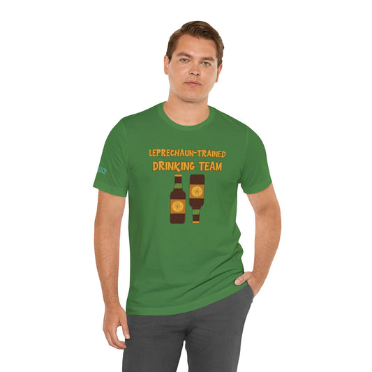 Funny St. Patrick’s Day t-shirt featuring two beer bottles with shamrock labels and the phrase “Leprechaun-Trained Drinking Team” in a bold, festive font.