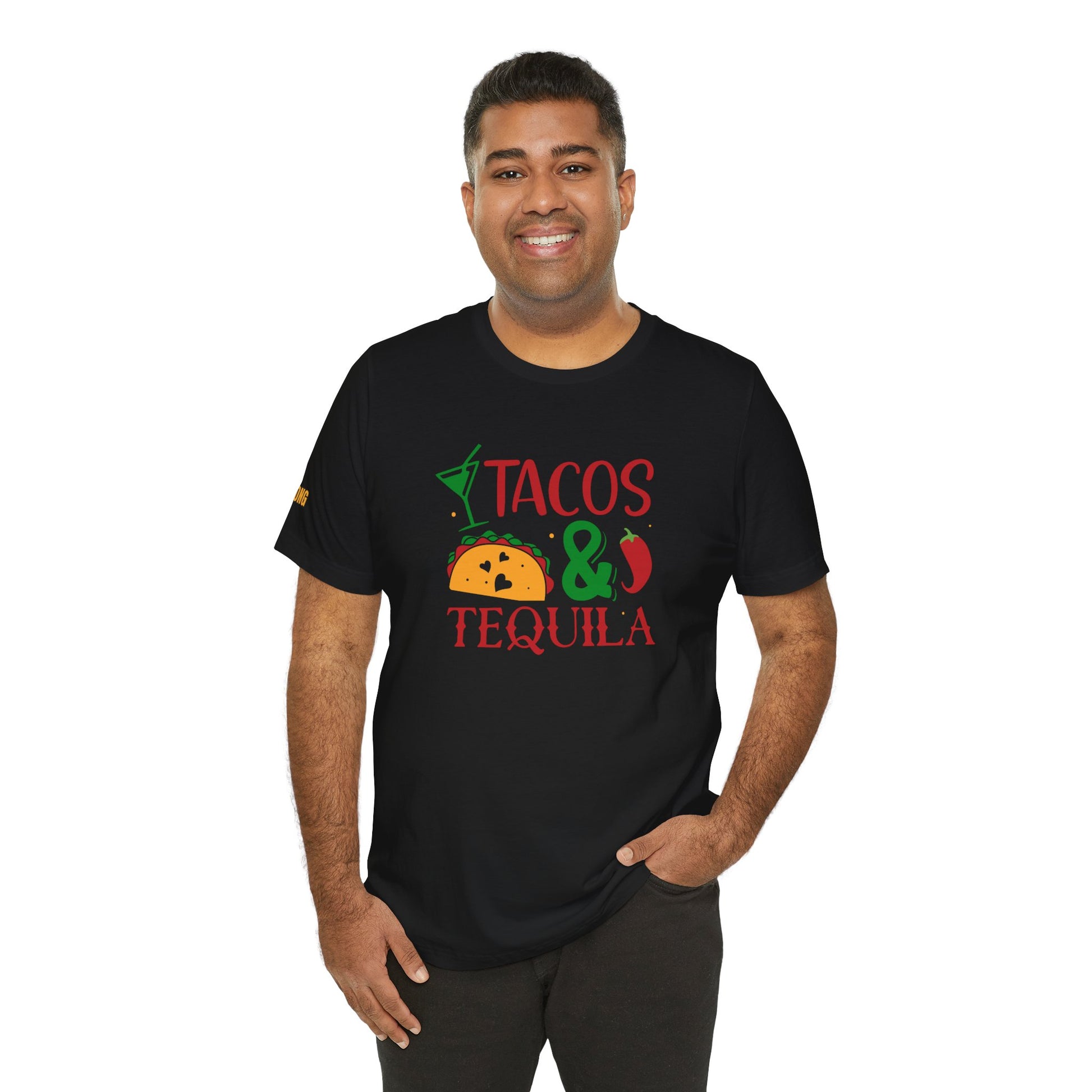 Model wearing the Tacos & Tequila t-shirt, available in multiple colors and plus sizes, perfect for taco lovers, margarita fans, and festive partygoers.