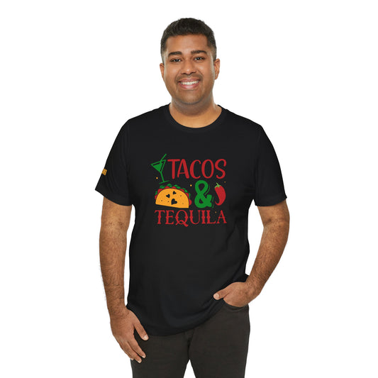 Model wearing the Tacos & Tequila t-shirt, available in multiple colors and plus sizes, perfect for taco lovers, margarita fans, and festive partygoers.