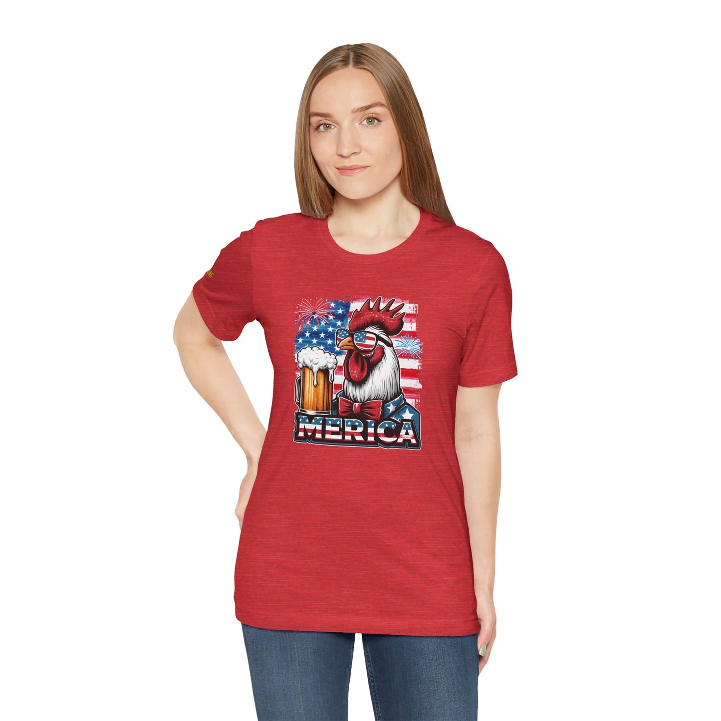 Cool rooster wearing American flag sunglasses and bowtie, holding a beer mug, with fireworks and USA flag in the background. In red.