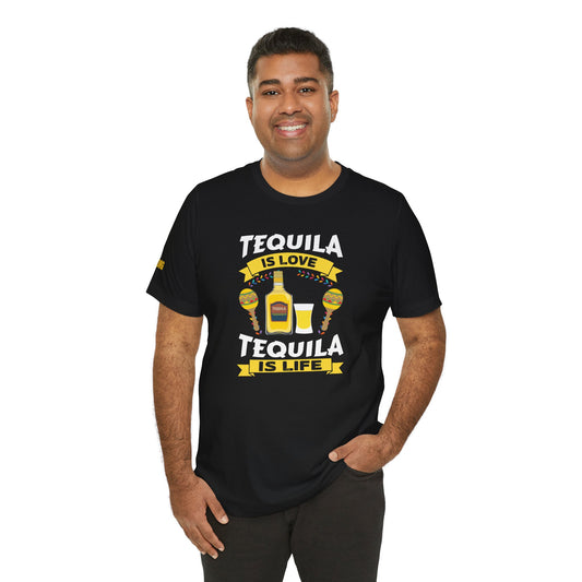 Model wearing the "Tequila Is Love, Tequila Is Life" t-shirt, available in multiple colors and plus sizes, ideal for tequila lovers and partygoers.