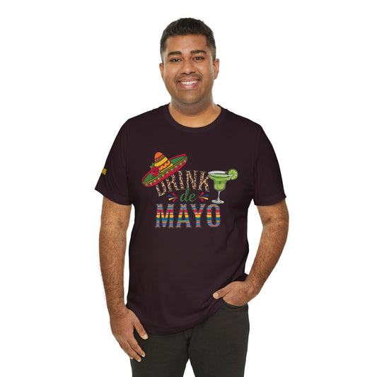  A model wearing the "Drink de Mayo" design, available in multiple colors and plus sizes. oxblood black.