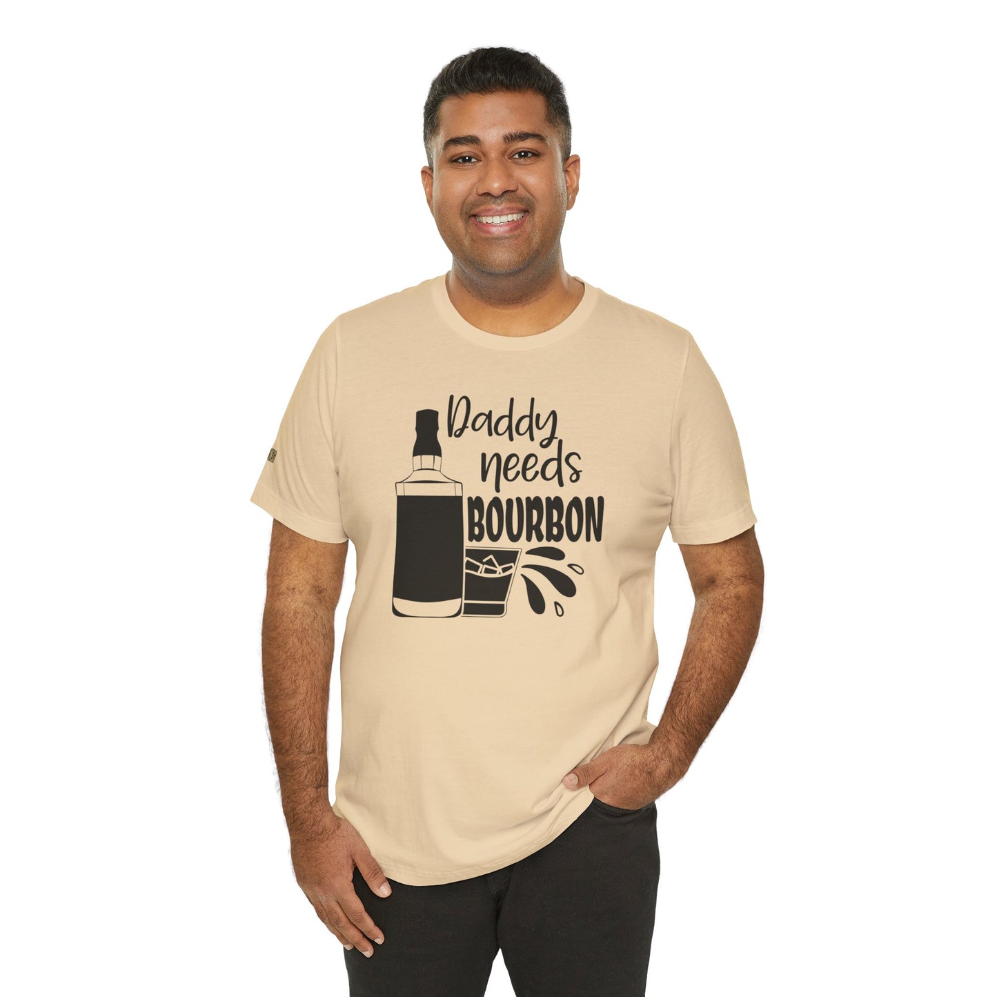 Daddy Needs Bourbon funny whiskey drinking graphic t-shirt for bourbon lovers in beige - available in many colors and plus sizes.