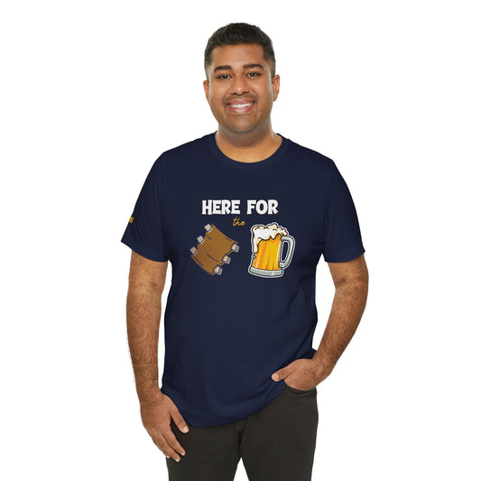 A fun BBQ t-shirt design featuring the phrase "Here for the Ribs & Beer" with cartoon-style ribs and a frothy beer mug—perfect for grill masters, beer lovers, and summer cookouts.
