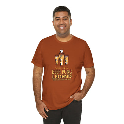 Funny Beer Pong Legend t-shirt featuring golden beer glasses arranged like a championship podium with a pong ball soaring overhead. The perfect beer lover’s shirt for parties, graduations, BBQs, and drinking team reunions.