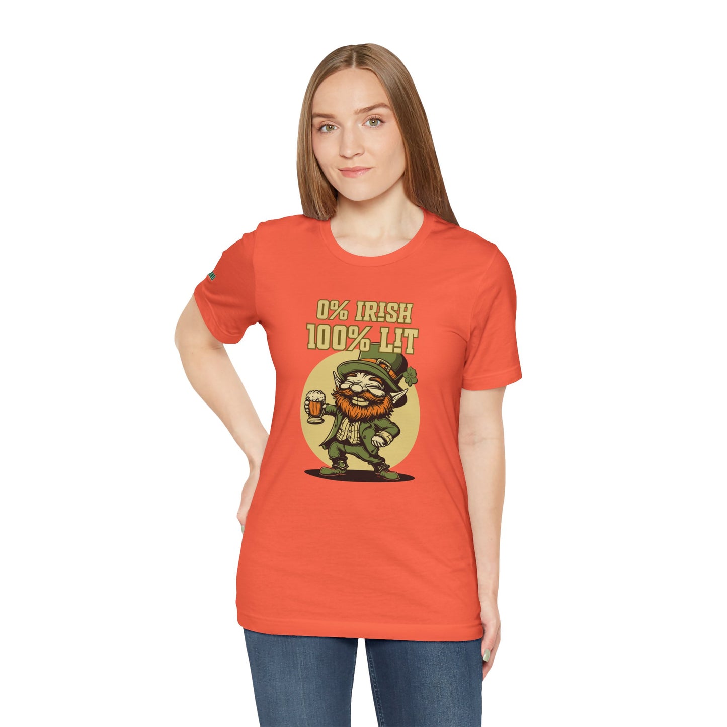 Illustrated leprechaun with a beer mug, grinning mischievously with the phrase "0% Irish, 100% Lit" above. A fun St. Patrick’s Day drinking t-shirt perfect for pub crawls, parties, and celebrations.