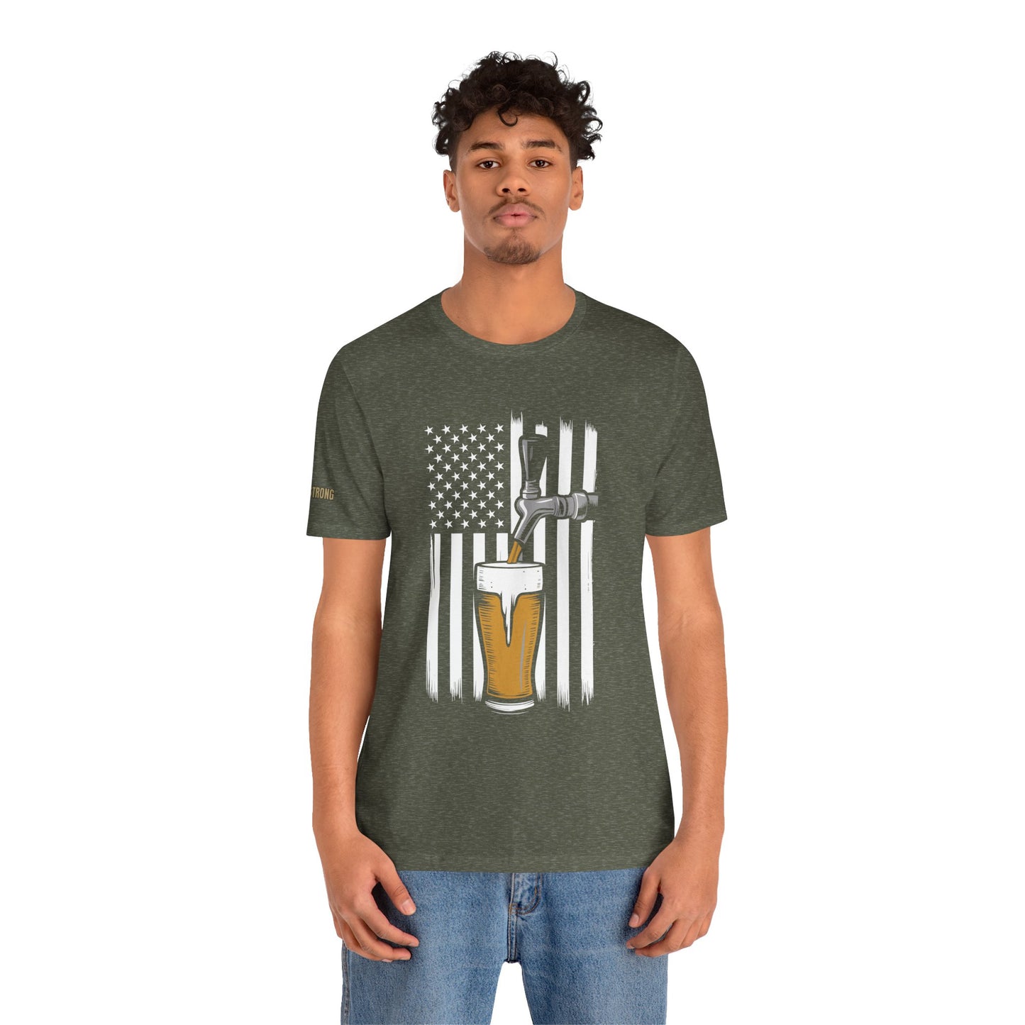 American flag-themed beer design featuring a tap pouring a golden pint in front of a black-and-white U.S. flag. In military green.