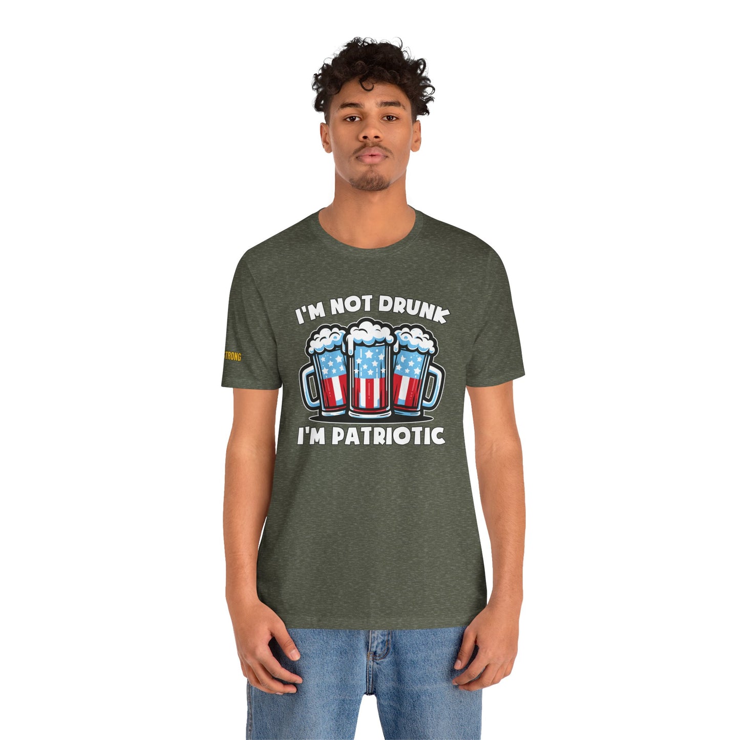 Funny ‘I’m Not Drunk, I’m Patriotic’ alcohol quote t-shirt featuring three beer mugs with an American flag design – perfect for beer lovers and 4th of July celebrations. In military heather green.