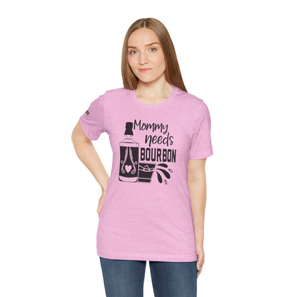 Mommy Needs Bourbon humorous whiskey drinking graphic t-shirt with bourbon bottle and glass design for moms - shown in pink. Available in many colors and plus sizes.