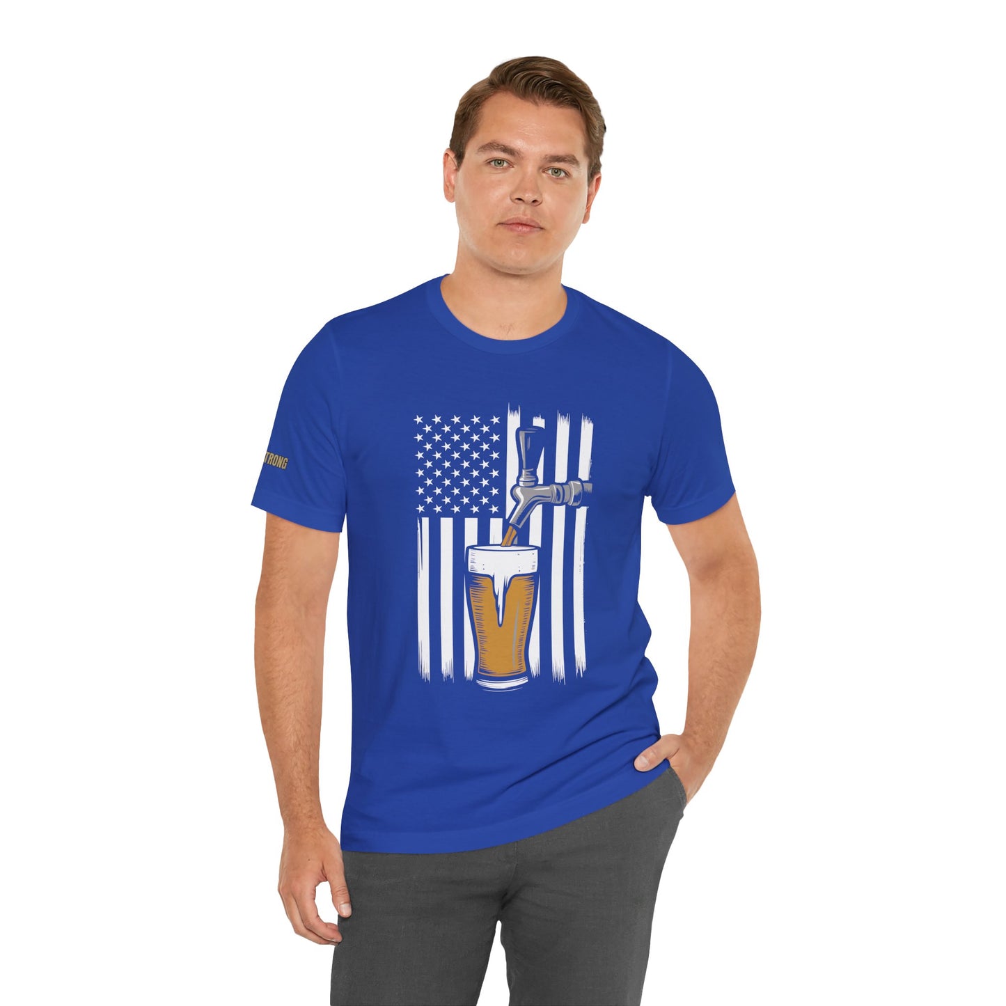 American flag-themed beer design featuring a tap pouring a golden pint in front of a black-and-white U.S. flag. In royal.