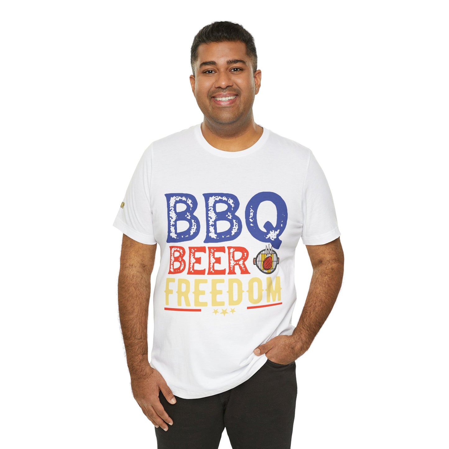 BBQ Beer Freedom T-Shirt featuring bold red, white, and blue text with a flaming grill design – perfect for 4th of July, summer BBQs, and beer lovers.