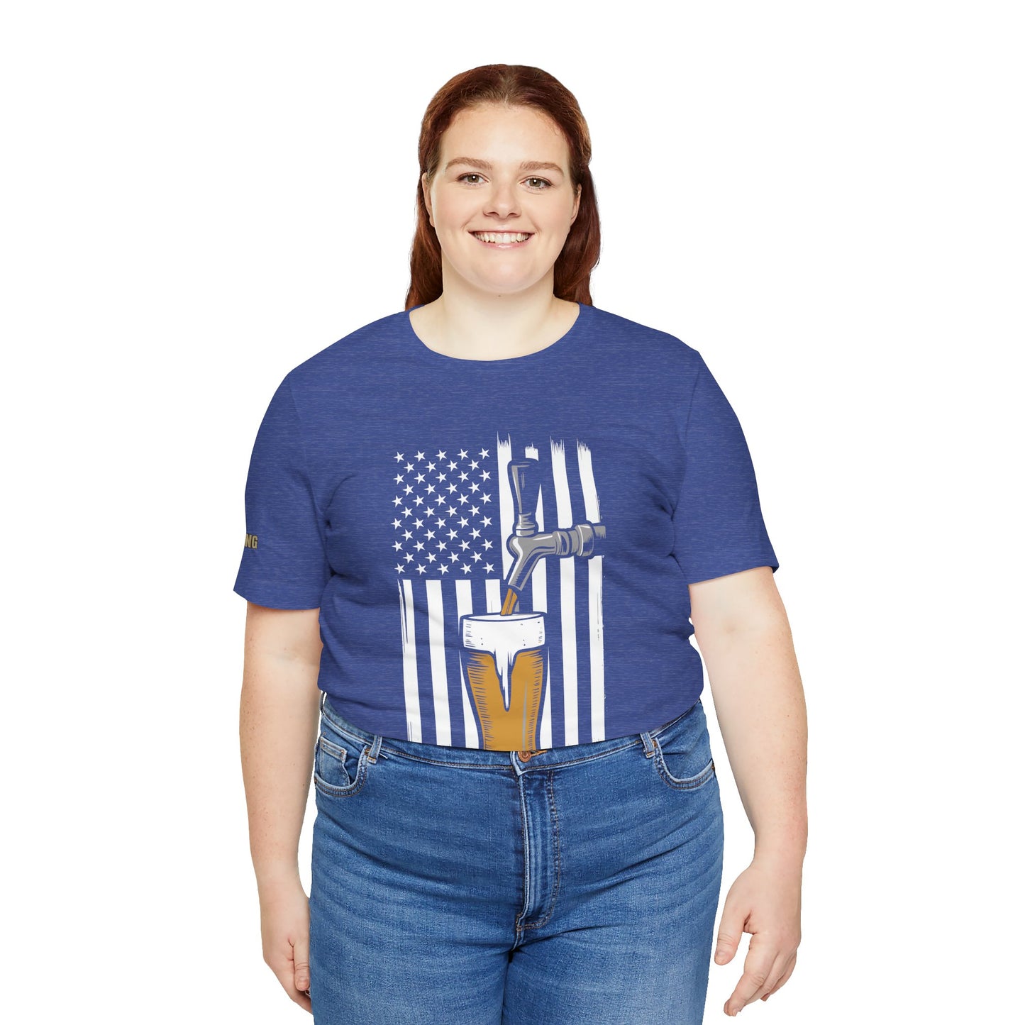 American flag-themed beer design featuring a tap pouring a golden pint in front of a black-and-white U.S. flag. Available in plus sizes.