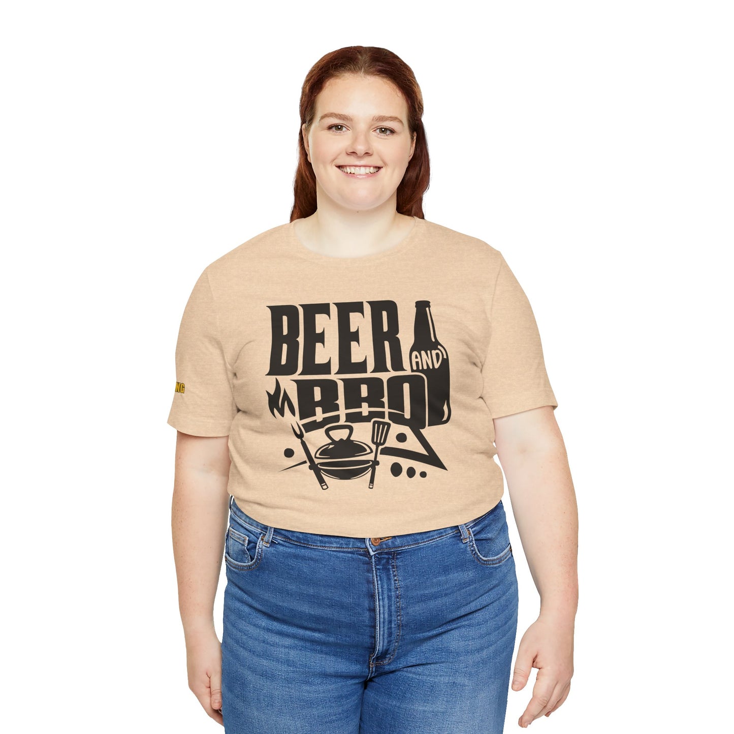 Beer and BBQ-themed t-shirt design for summer cookouts, featuring a classic grilling and beer lovers’ motif. Available in plus sizes.
