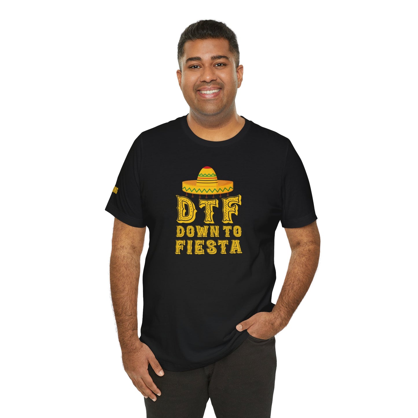 Model wearing the "DTF - Down to Fiesta" t-shirt, available in multiple colors and plus sizes, ideal for party lovers and Cinco de Mayo celebrations.