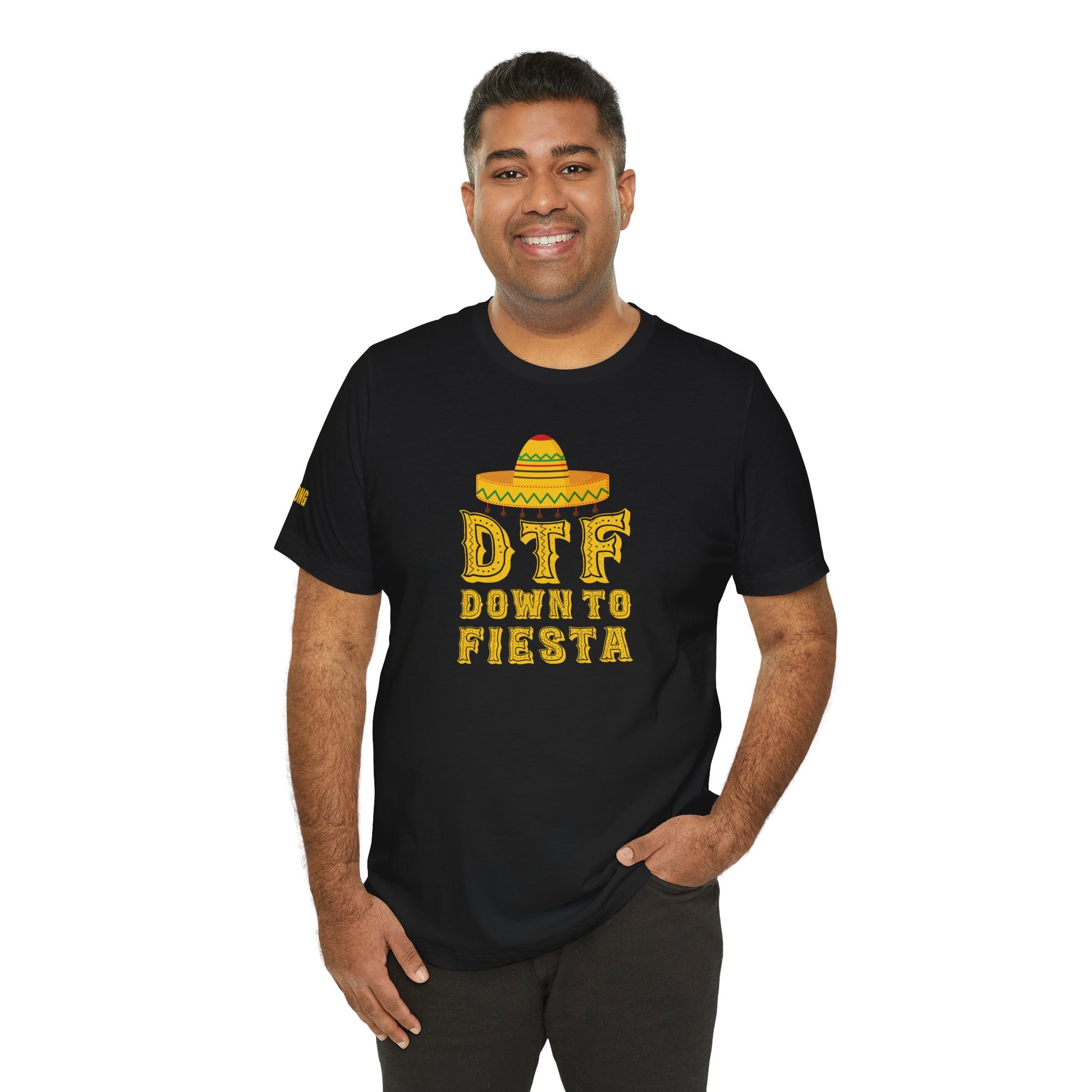 Model wearing the "DTF - Down to Fiesta" t-shirt, available in multiple colors and plus sizes, ideal for party lovers and Cinco de Mayo celebrations.