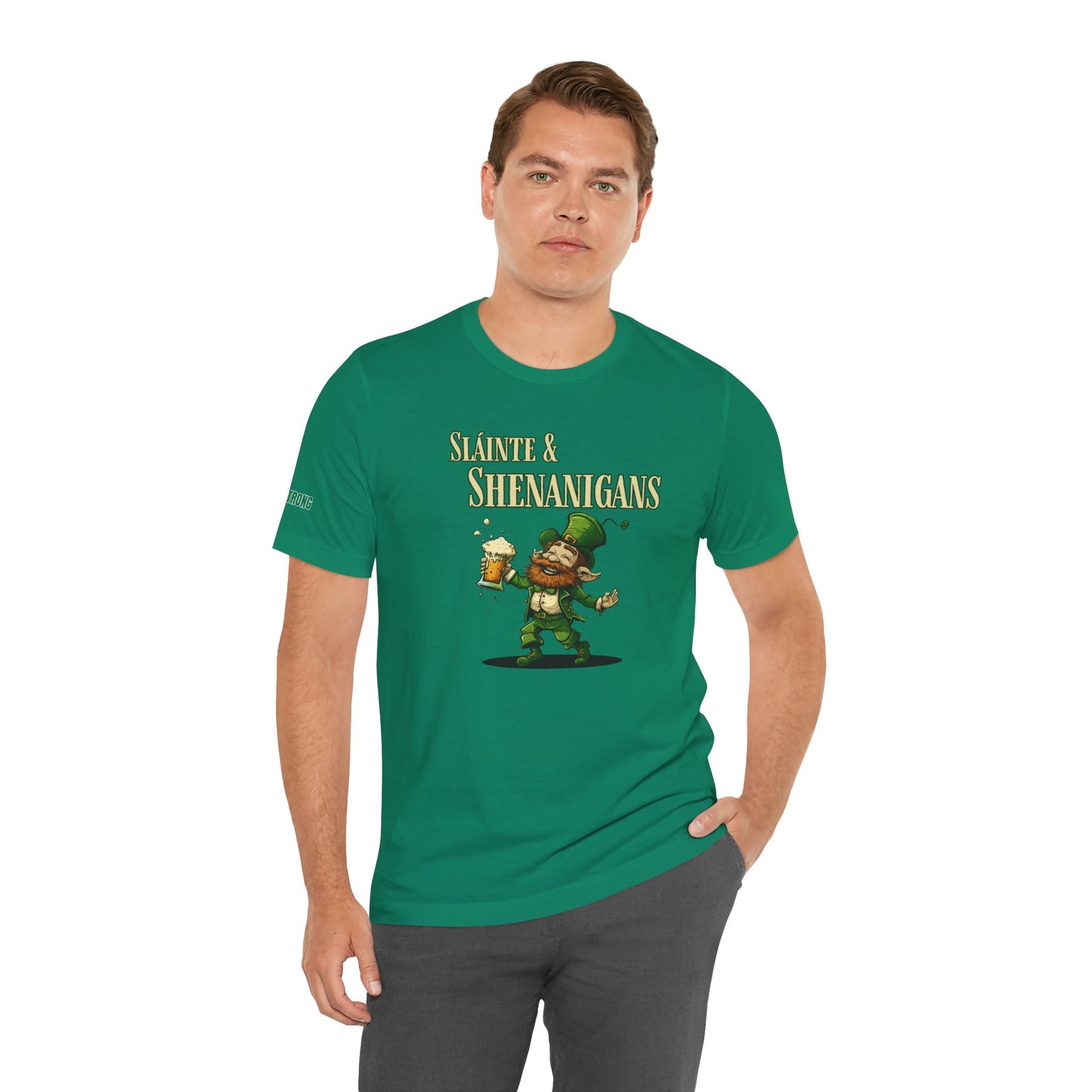 Illustrated leprechaun holding a foamy beer mug, wearing a classic green suit and hat, grinning mischievously. The text "Sláinte & Shenanigans" is boldly featured above, making this the perfect St. Patrick’s Day t-shirt for Irish-themed drinking events and celebrations.