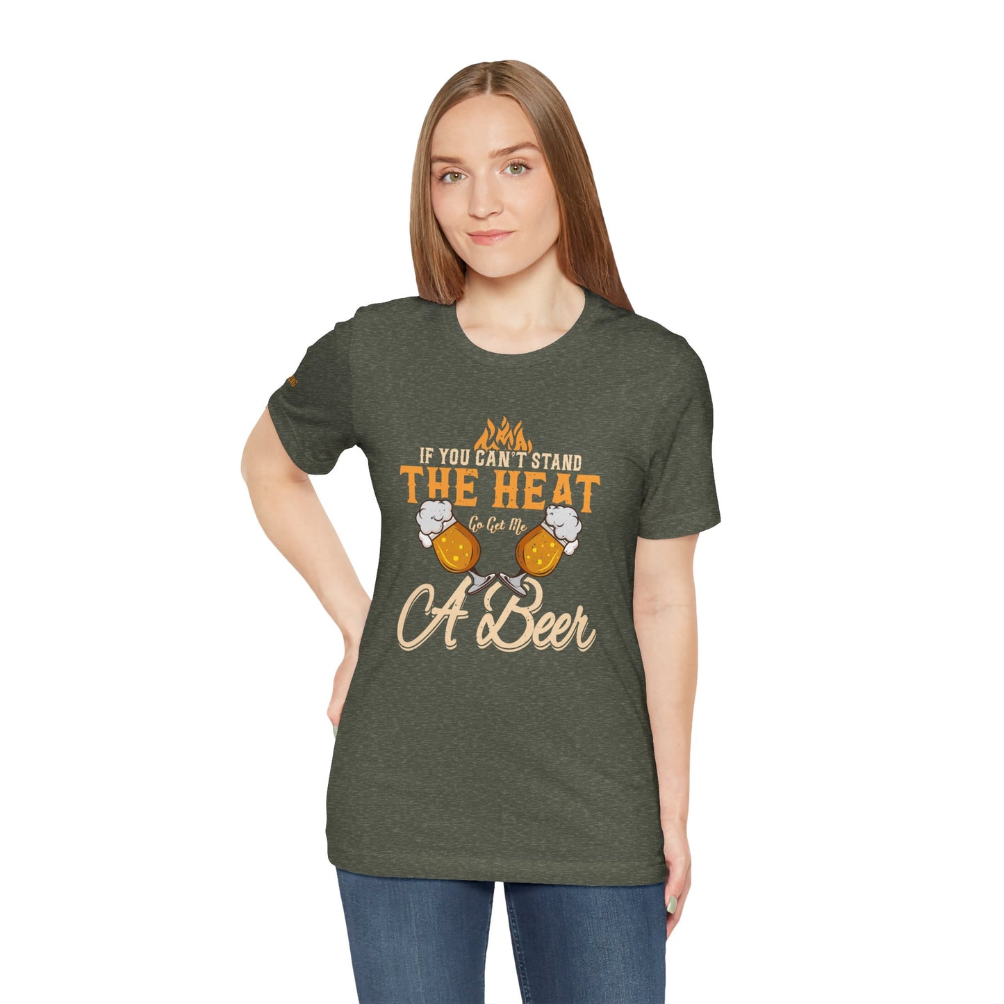 BBQ and beer-themed t-shirt with "If You Can’t Stand the Heat, Go Get Me a Beer" design, featuring beer mugs and flames.