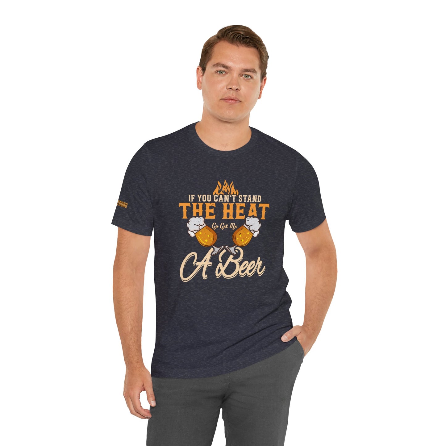 BBQ and beer-themed t-shirt with "If You Can’t Stand the Heat, Go Get Me a Beer" design, featuring beer mugs and flames. Heather blue.