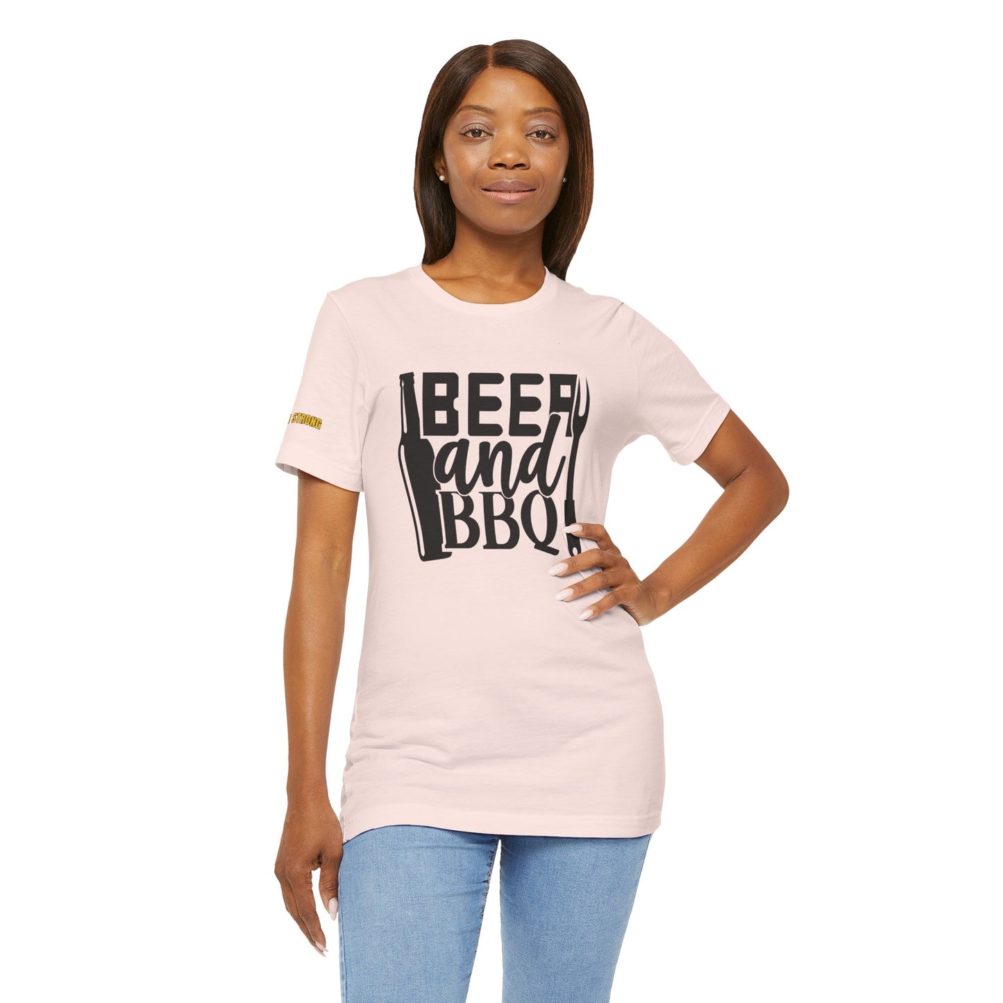 Beer and BBQ t-shirt featuring a bold design with a beer bottle, grilling fork, and fun typography.