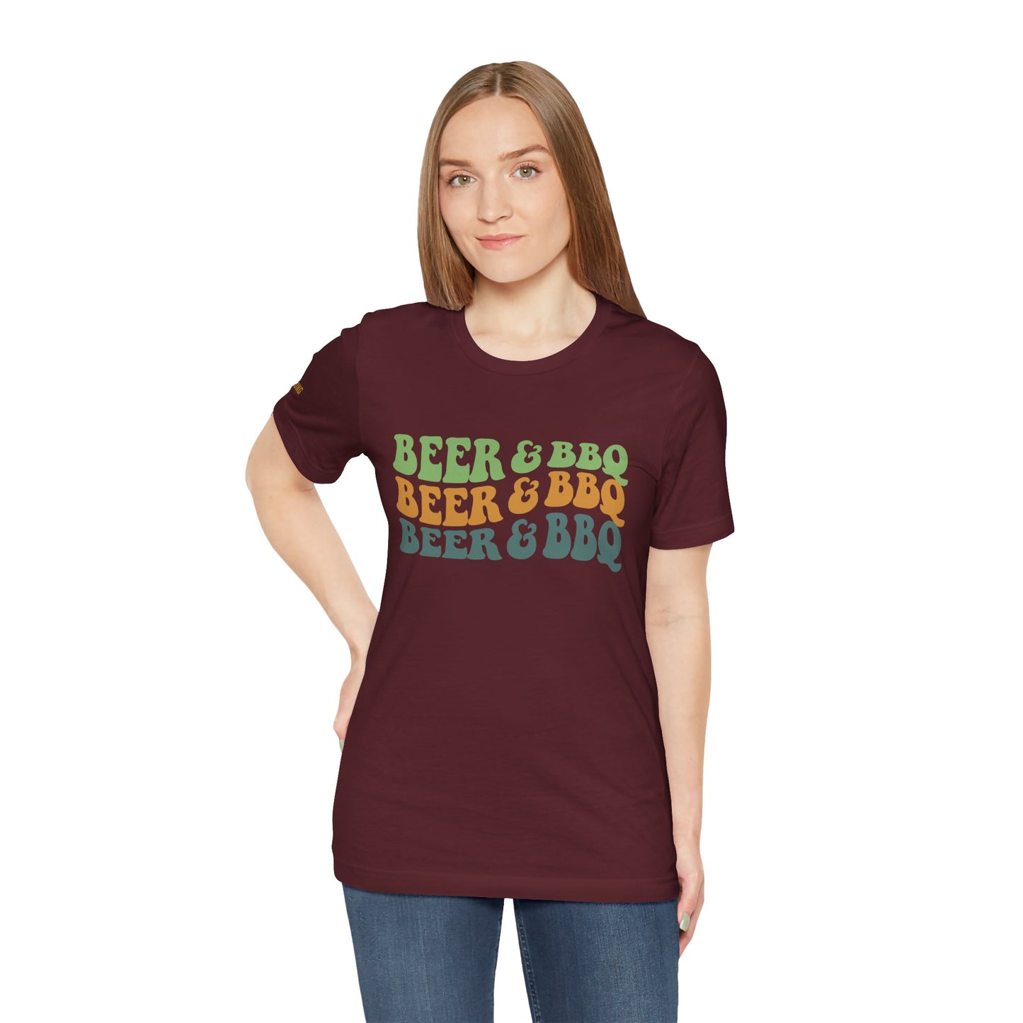 Beer & BBQ t-shirt featuring a bold, vintage-style text design celebrating cookouts, grilling, and beer.