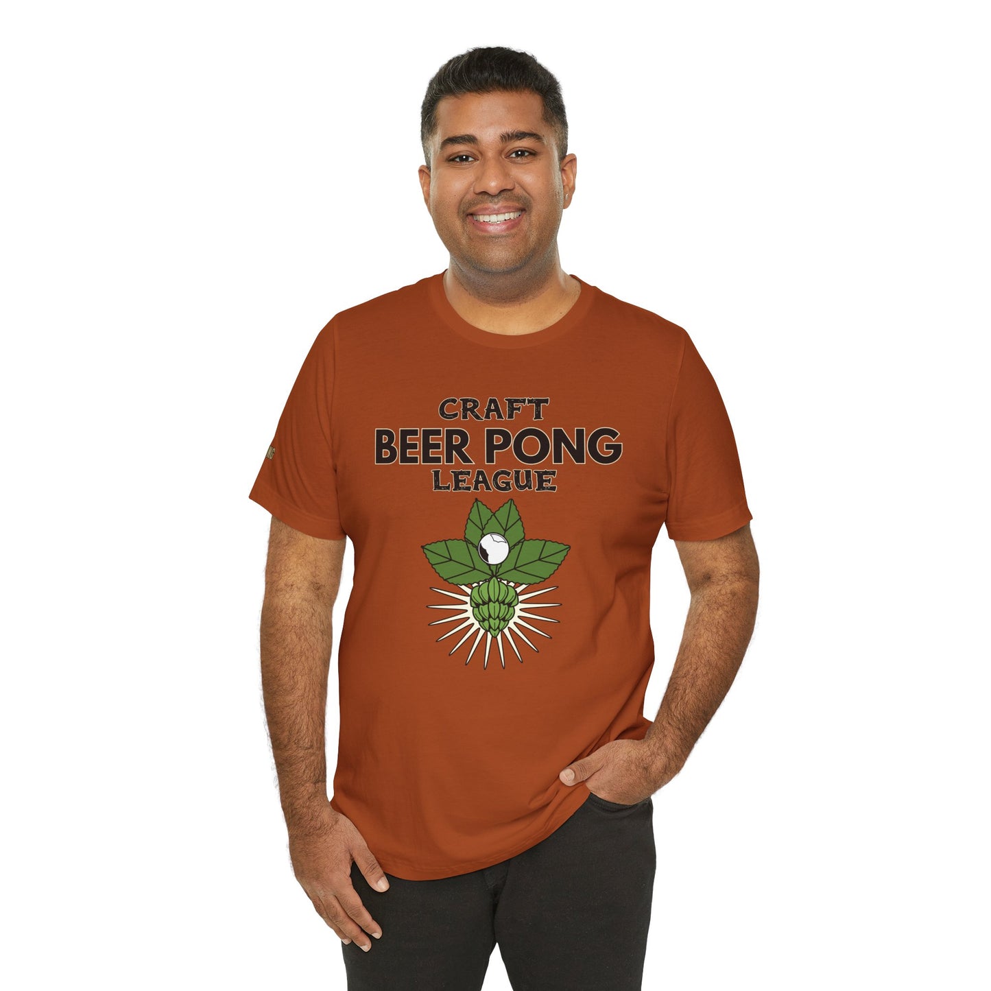 Funny Craft Beer Pong League t-shirt featuring a beer hop with a pong ball, bold typography, and vintage beer league vibes. Ideal for craft beer lovers, party game enthusiasts, and drinking team champions.
