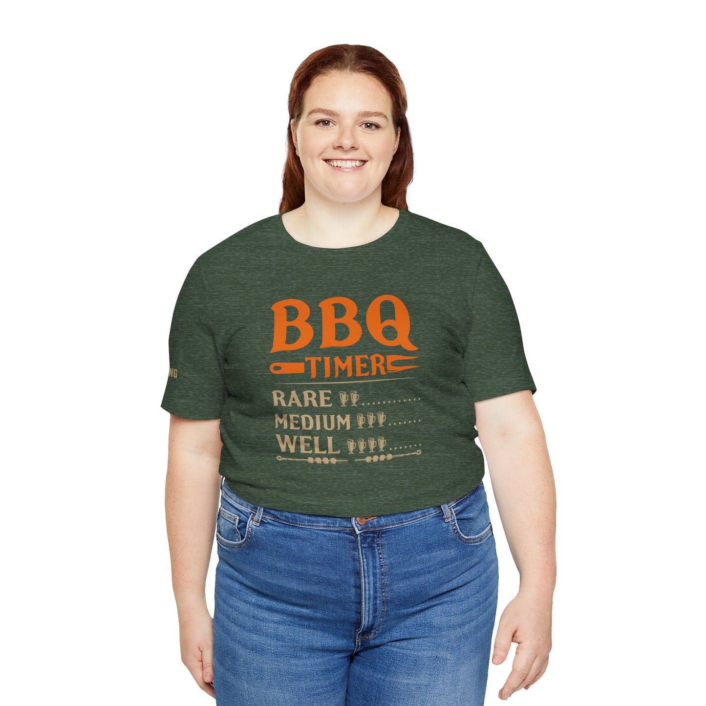 T-shirt design featuring "BBQ Timer" with beer glass indicators for rare, medium, and well-done grilling levels, perfect for beer lovers and BBQ fans. Available in plus sizes.
