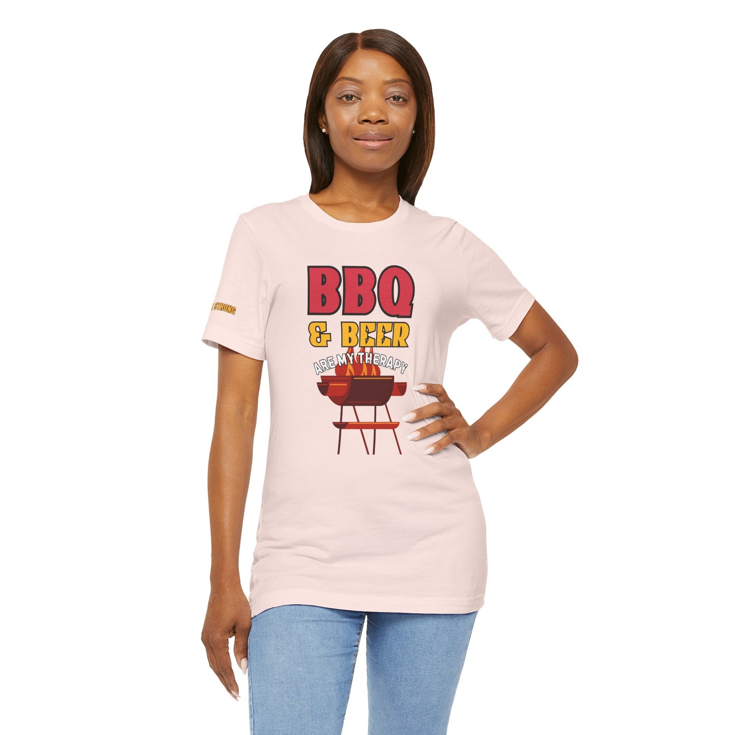 A bold and fun BBQ-themed t-shirt with the phrase "BBQ & Beer Are My Therapy", featuring a flaming grill. Perfect for grill masters, beer lovers, and backyard BBQ champions.