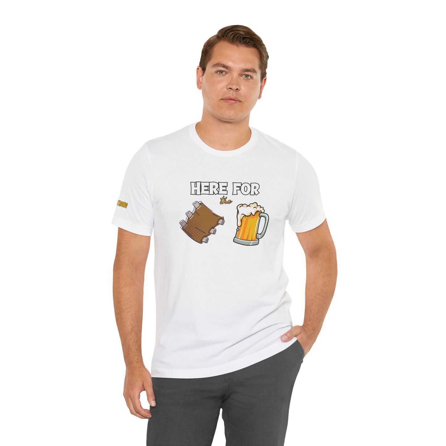 A fun BBQ t-shirt design featuring the phrase "Here for the Ribs & Beer" with cartoon-style ribs and a frothy beer mug—perfect for grill masters, beer lovers, and summer cookouts.