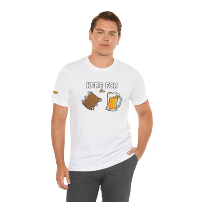 A fun BBQ t-shirt design featuring the phrase "Here for the Ribs & Beer" with cartoon-style ribs and a frothy beer mug—perfect for grill masters, beer lovers, and summer cookouts.