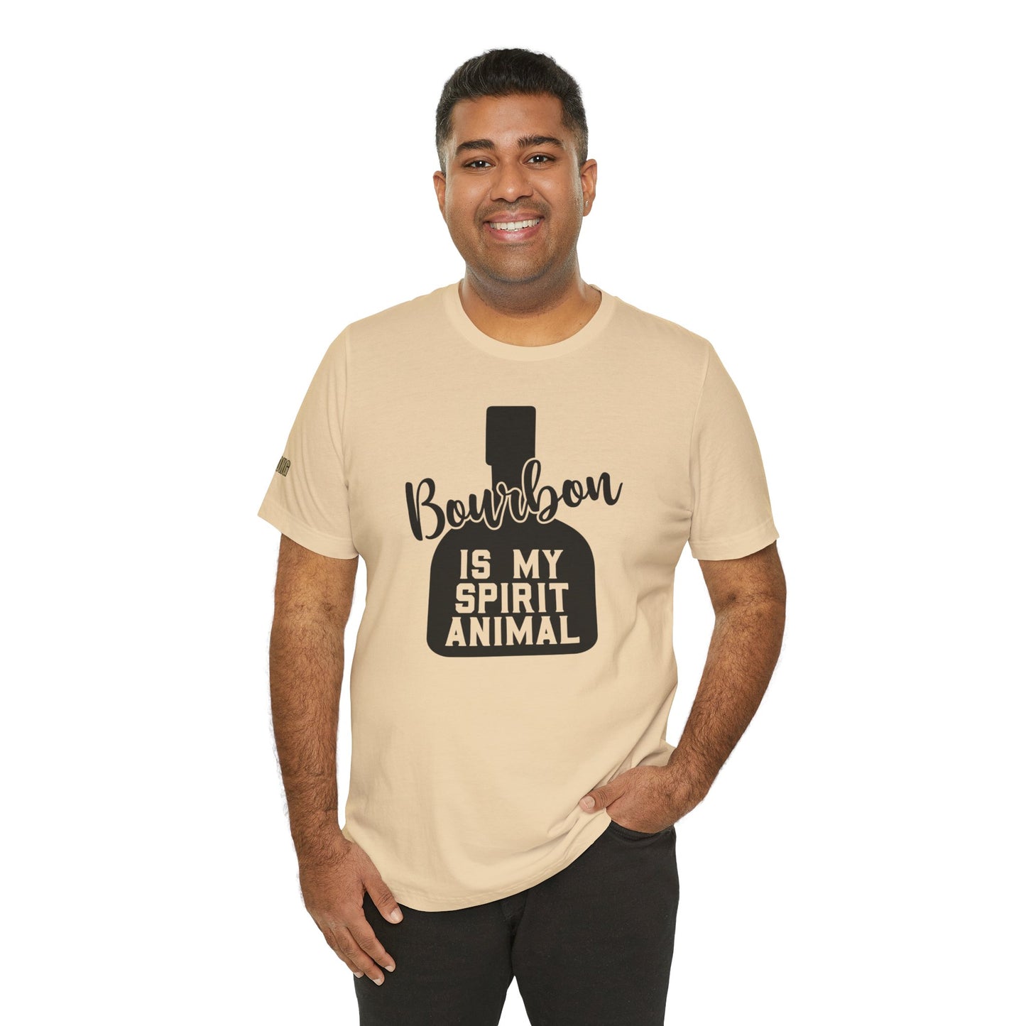 Black and white bourbon-themed typography design featuring the phrase "Bourbon Is My Spirit Animal" inside a whiskey bottle silhouette. Available in multiple colors and plus sizes.