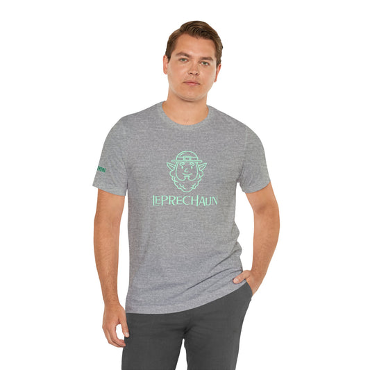 Minimalist St. Patrick’s Day t-shirt featuring a modern, neon-style outline of a leprechaun with a classic hat and beard, alongside the text "Leprechaun." Perfect for subtle Irish pride and festive celebrations.