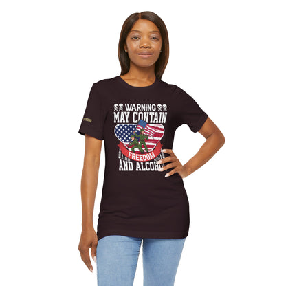 Funny ‘Warning May Contain Freedom & Alcohol’  quote T-Shirt with military soldiers raising an American flag – perfect for beer lovers and patriots. In oxford black and plus sizes.