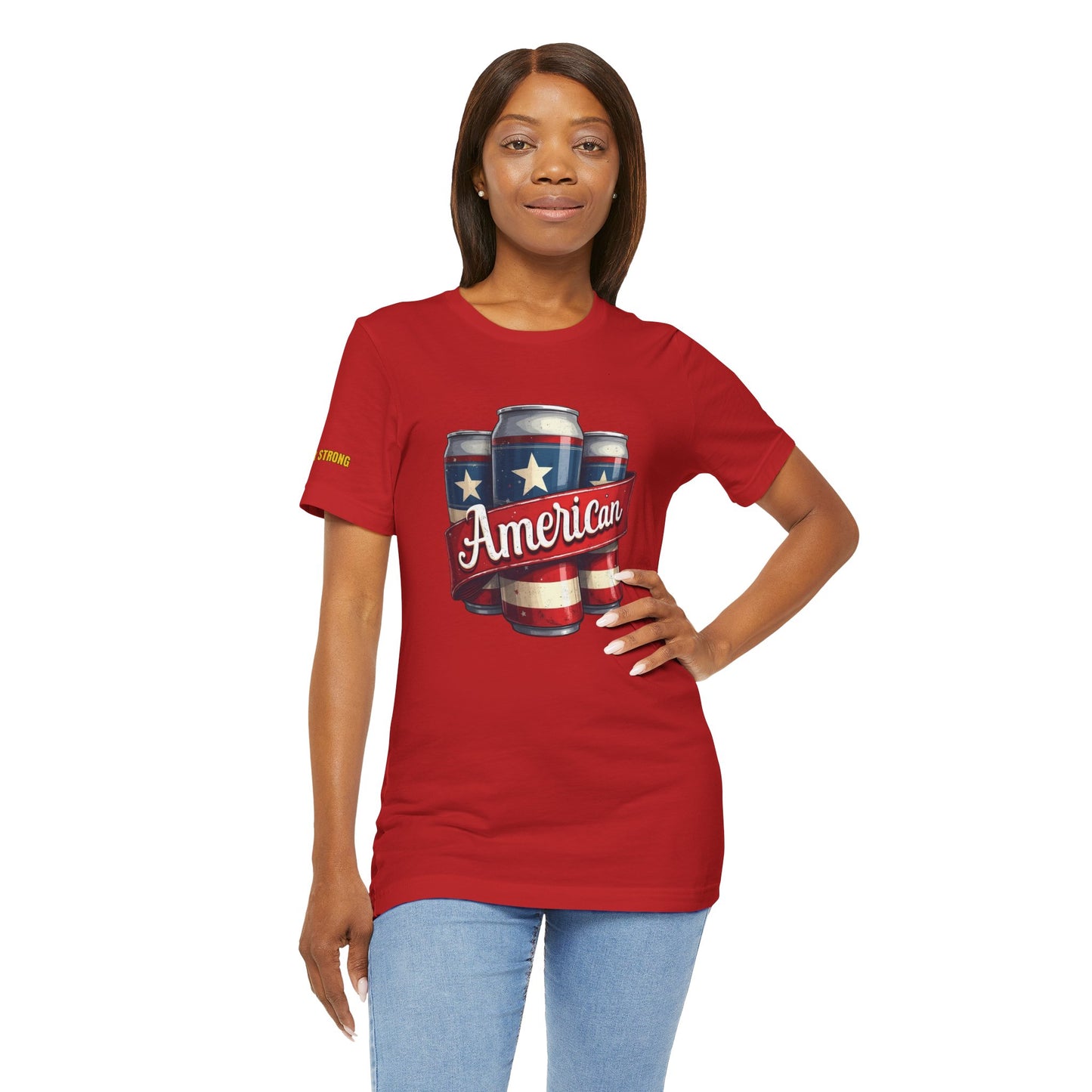 Patriotic beer t-shirt featuring a vintage-style illustration of American flag beer cans with a bold "American" banner. In Red.