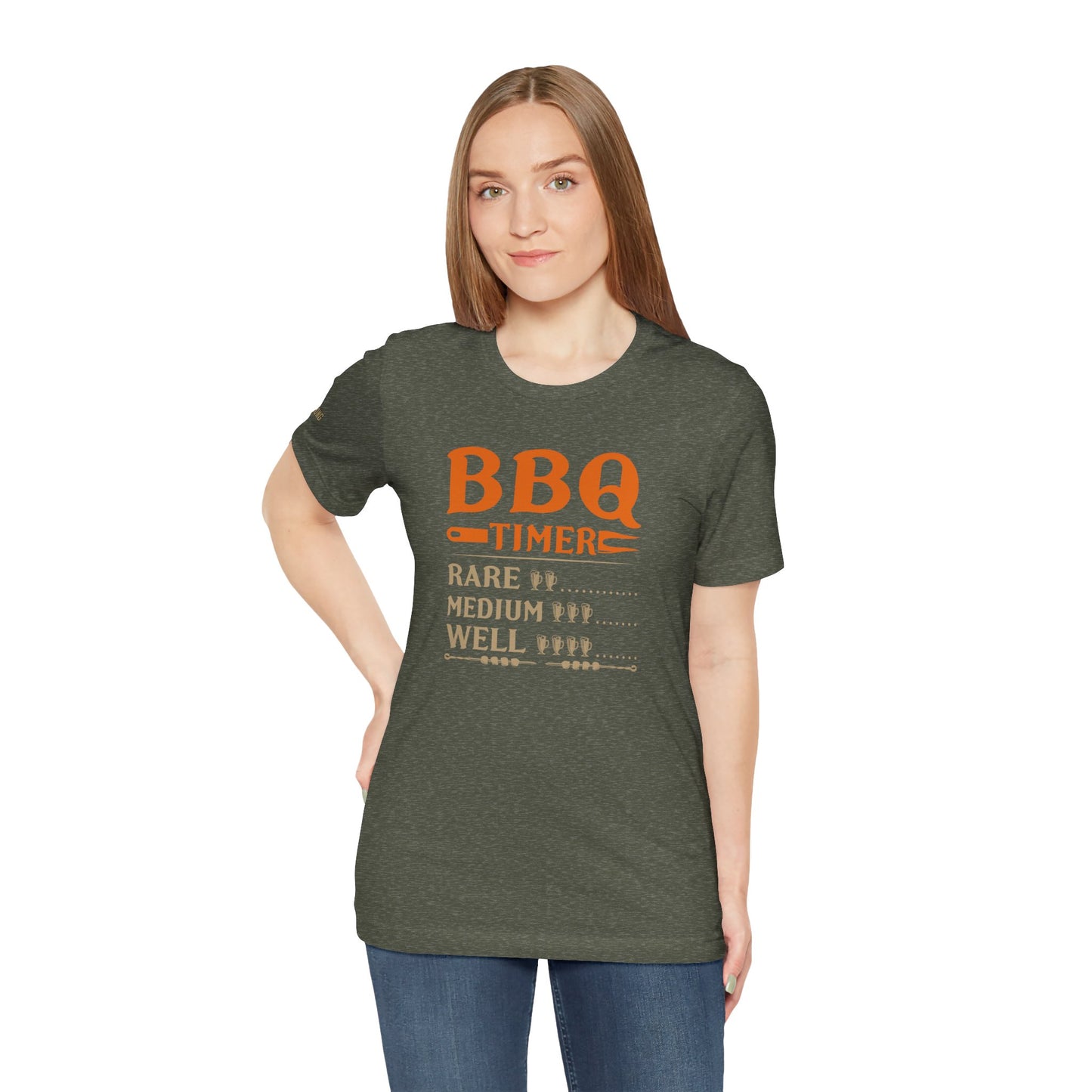 T-shirt design featuring "BBQ Timer" with beer glass indicators for rare, medium, and well-done grilling levels, perfect for beer lovers and BBQ fans.