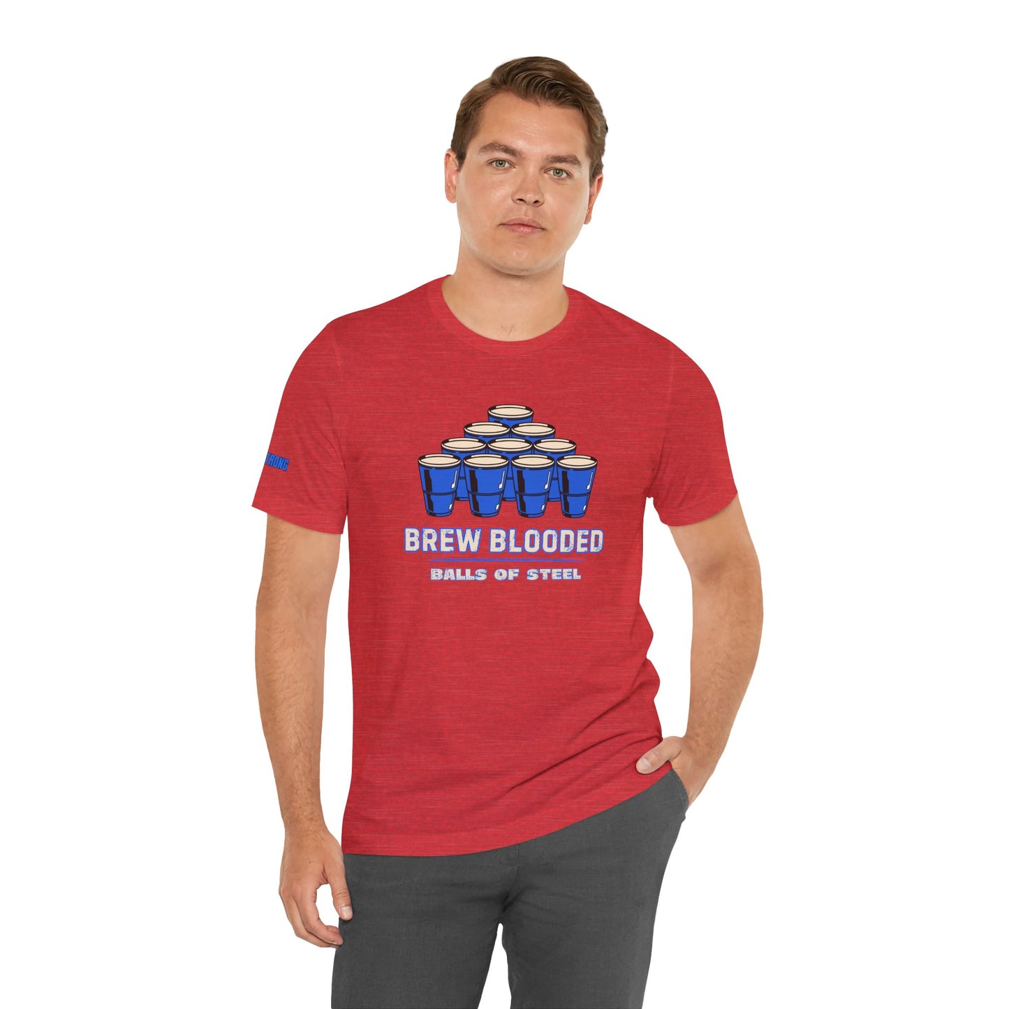 Beer pong t-shirt featuring a pyramid of blue cups with bold text reading "Brew Blooded – Balls of Steel."