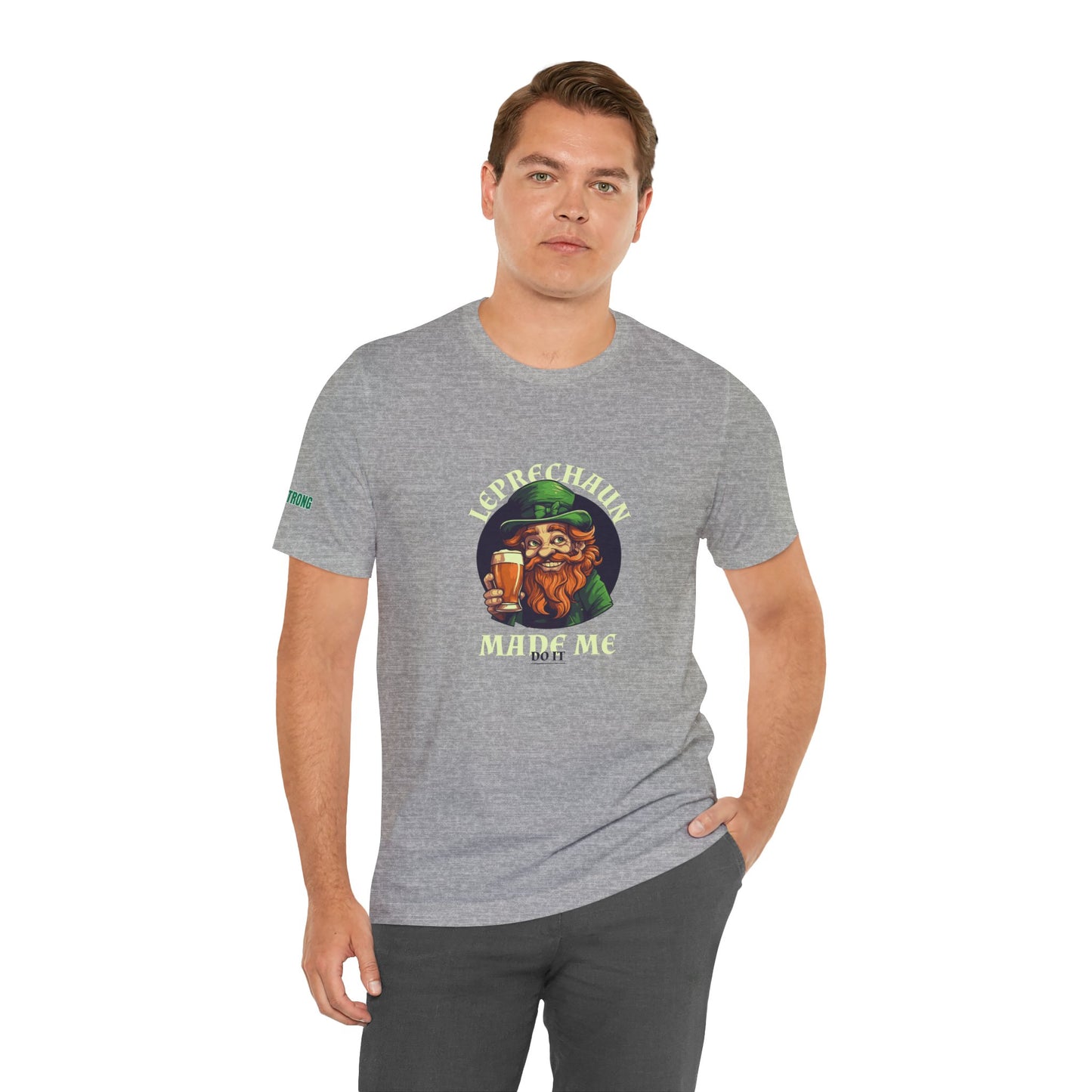 A funny St. Patrick’s Day t-shirt featuring a grinning leprechaun holding a pint of beer, with the phrase “Leprechaun Made Me Do It.” Perfect for beer drinkers, Irish party-goers, and St. Paddy’s bar crawls.